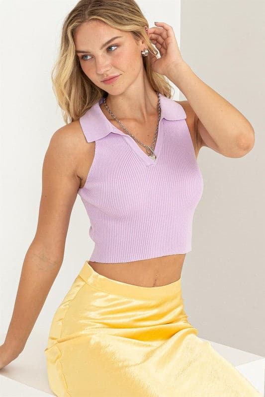 Sleeveless Collared Crop Knit Top.