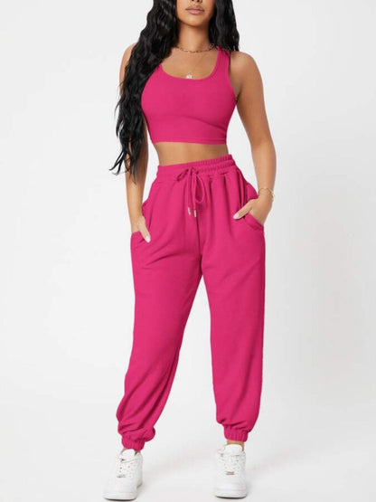 Wide Strap Top and Drawstring Joggers Set.