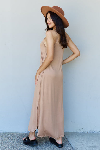 Ninexis Good Energy Full Size Cami Side Slit Maxi Dress in Camel.