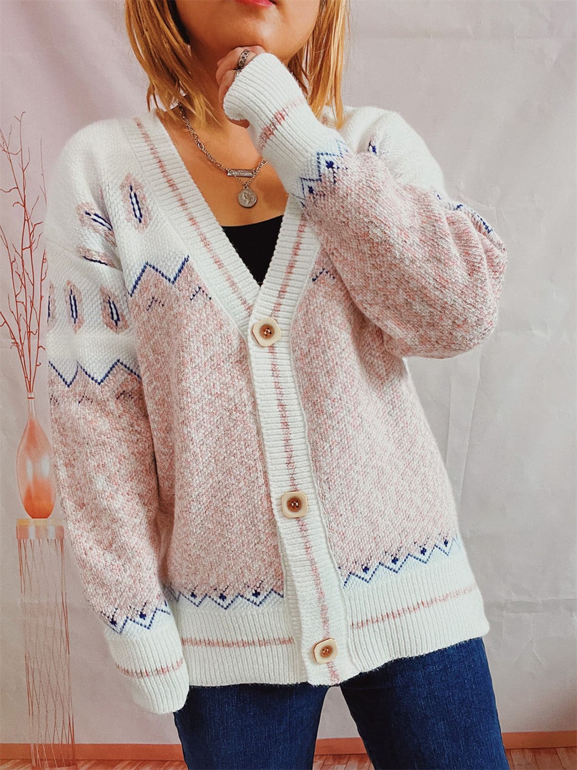 Geometric Button Front Long Sleeve Cardigan.