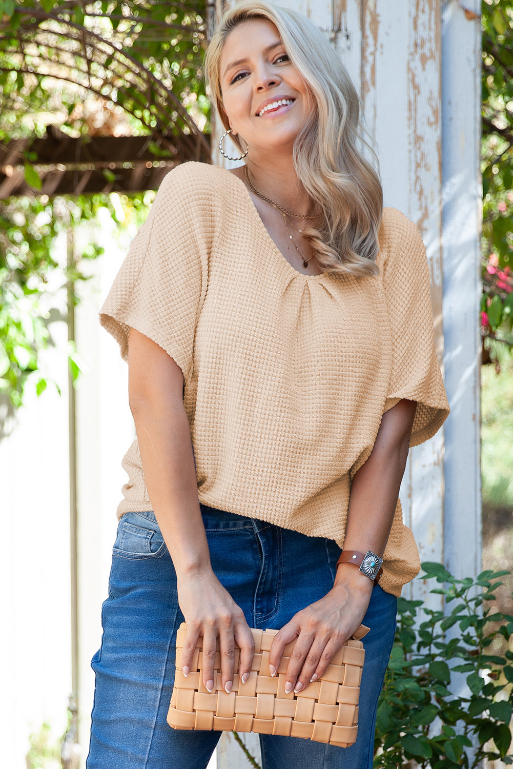 Beige textured plus size tee with lace detail