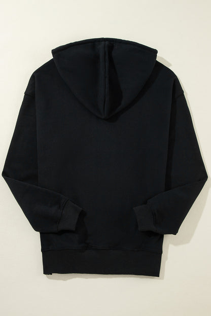 Cozy black fleece-lined hoodie with kangaroo pocket and drawstring design