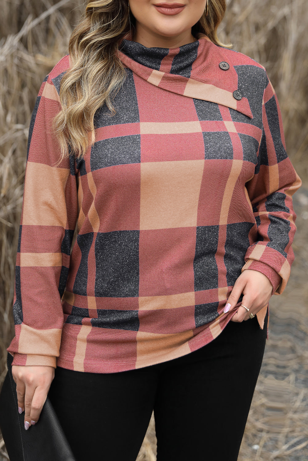 Mineral red plus size plaid top with asymmetric neckline and button details