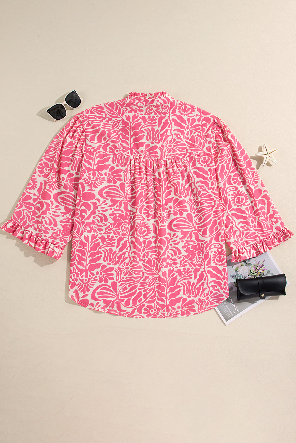 Chic pink plus size floral frill neck puff sleeve top