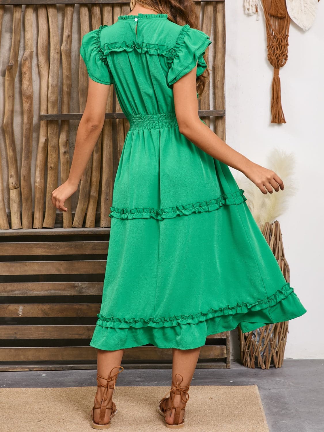 Frill Round Neck Cap Sleeve Midi Dress.