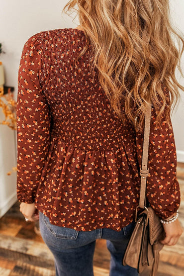 Floral Smocked Ruffle Hem Long Sleeve Blouse.