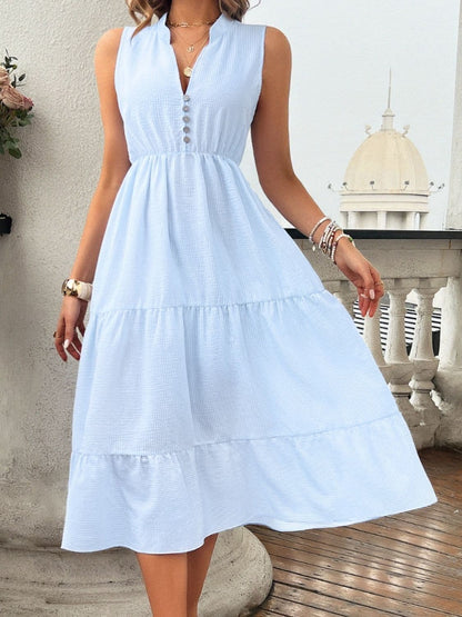 Tiered Notched Sleeveless Midi Dress.