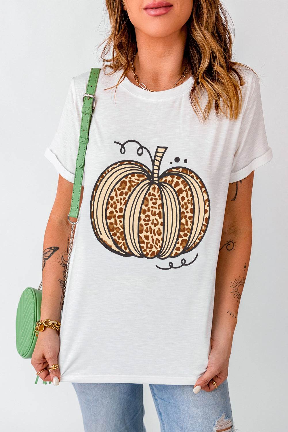 Leopard print pumpkin graphic crewneck Halloween tee