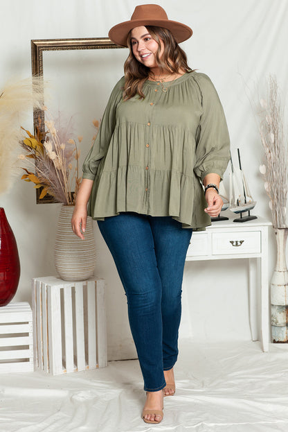 Elegant Green Plus Size Ruffle Tiered Top with Split Neckline