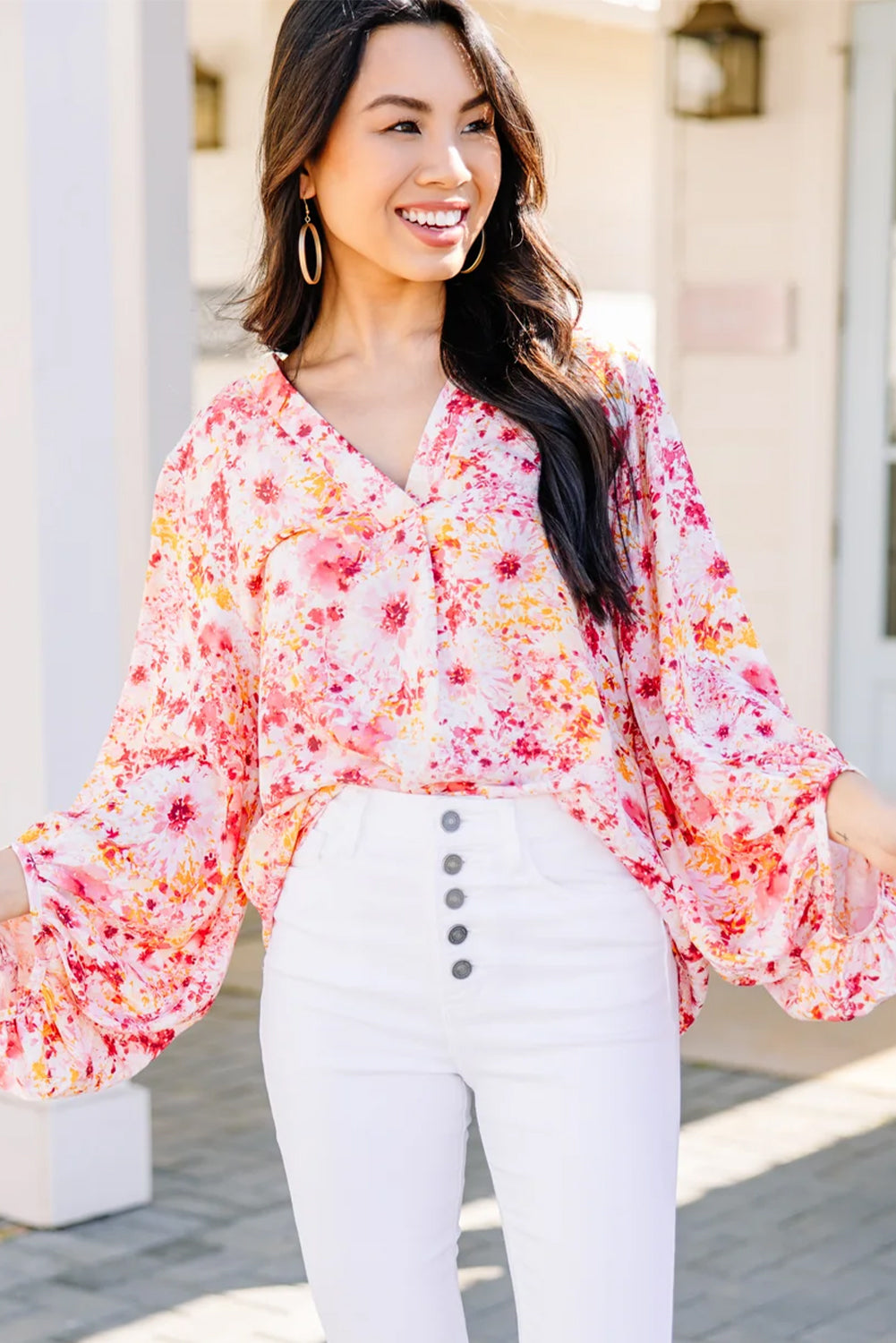 Charming pink floral v-neck blouse with bubble sleeves