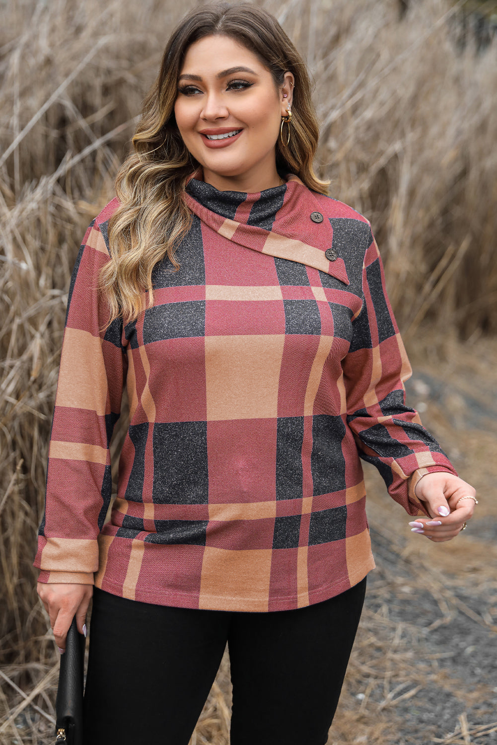 Mineral red plus size plaid top with asymmetric neckline and button details