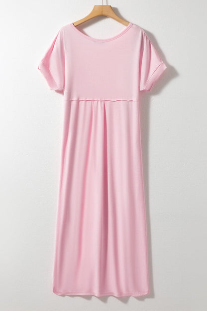 Slit Pocketed V-Neck Short Sleeve Dress.