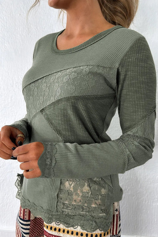 Sage Green Solid Color Waffle Ribbed Lace Patchwork Long Sleeve Top Dear-Lover Dropshipping