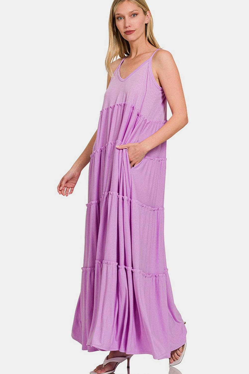 Zenana Frill Tiered V-Neck Maxi Cami DressZenana Frill Tiered V-Neck Maxi Cami Dress
 Embrace elegance and sophistication with the Zenana Frill Tiered V-Neck Maxi Cami Dress. This stunning dress is designed Love Salve -Neck Maxi Cami Dressusa