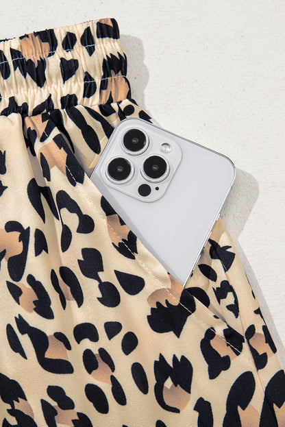 Parchment Leopard Drawstring Flowy Wide Leg Pants for Women