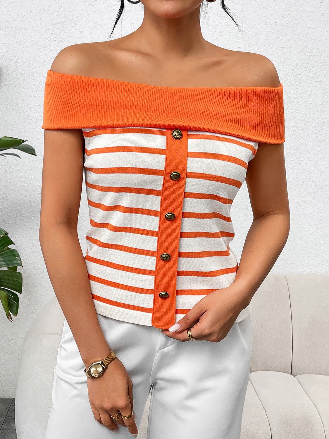 Decorative Button Striped Off-Shoulder Knit Top.