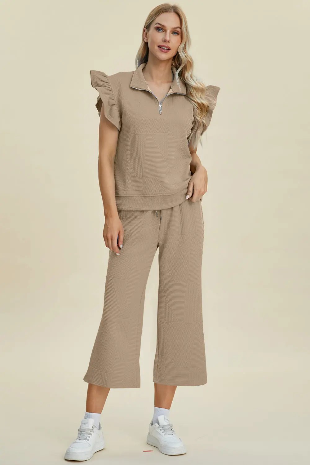 Double Take Full Size Texture Ruffle Short Sleeve Top and Wide Leg Pants Set - Love Salve
