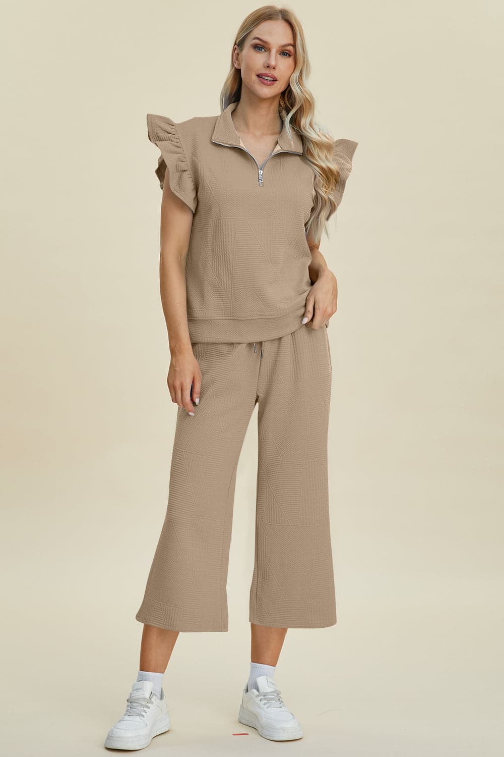 Double Take Full Size Texture Ruffle Short Sleeve Top and Wide Leg Pants Set.