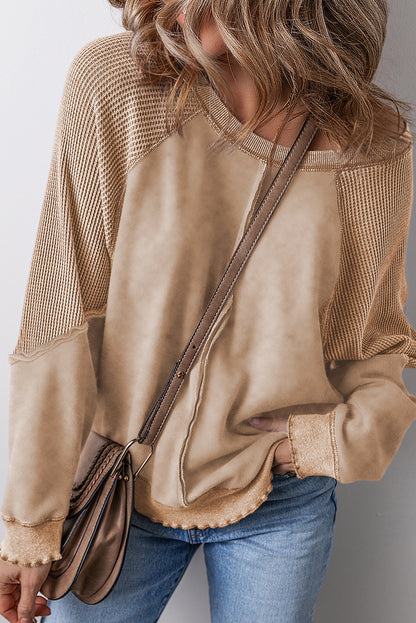 Chic light beige waffle knit raglan sweatshirt with patchwork details