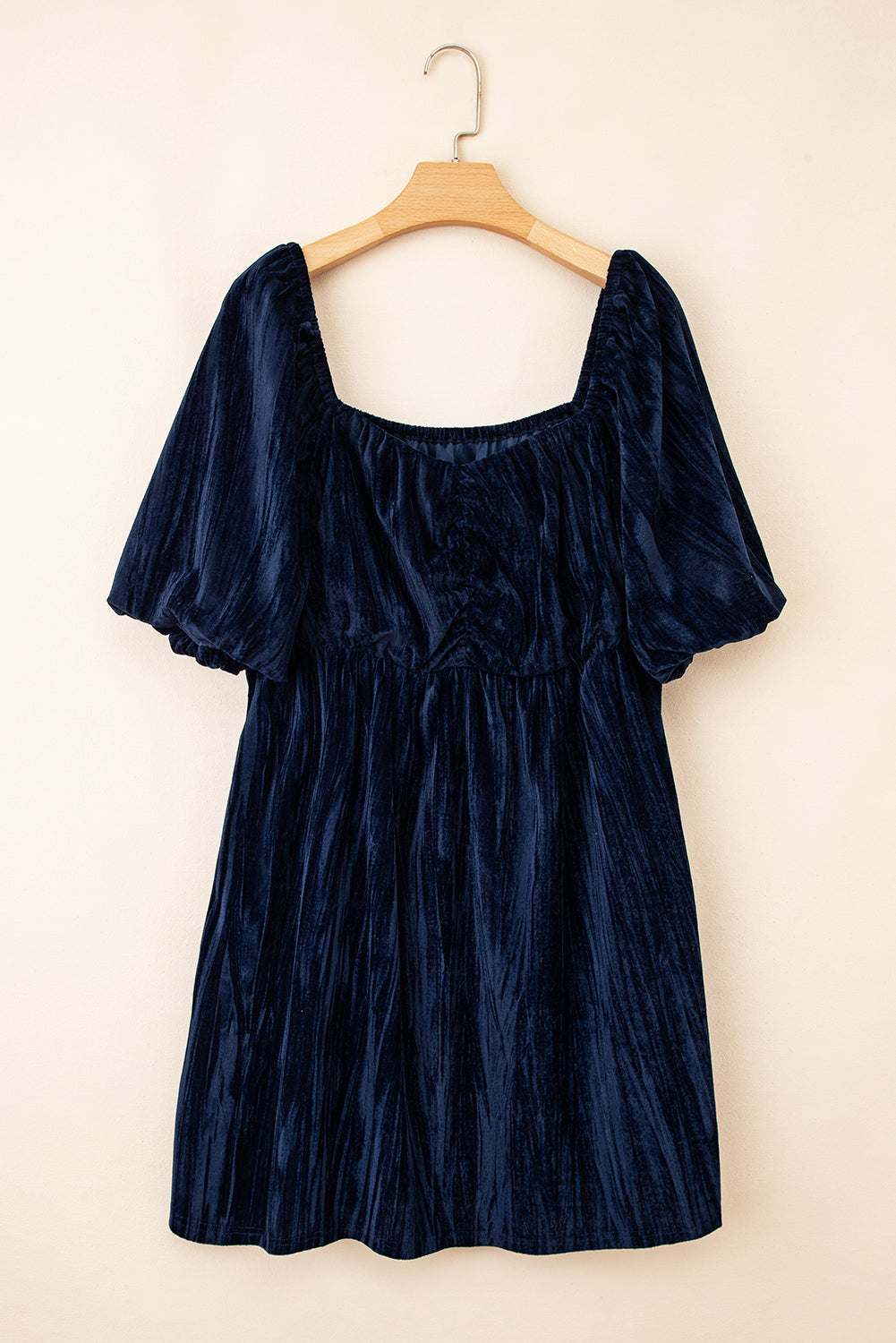 Navy Velvet Ruched Bust Square Neck Short Puff Sleeve Dress Dear-Lover Dropshipping