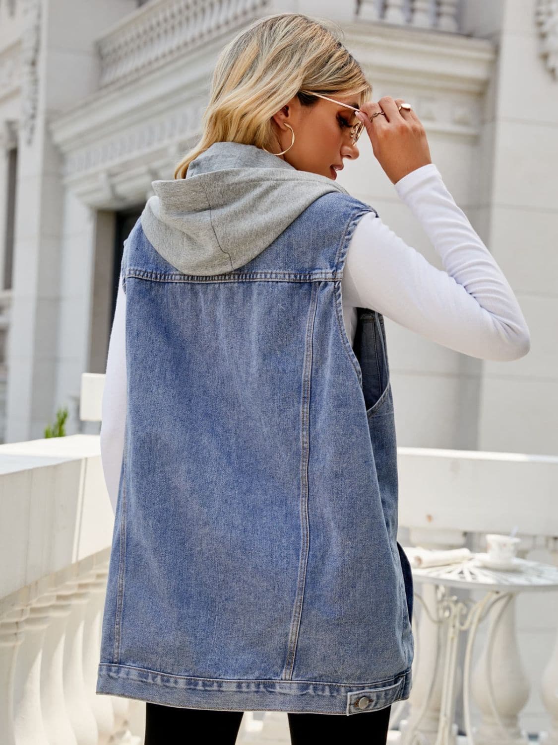 Drawstring Hooded Sleeveless Denim Top with Pockets.