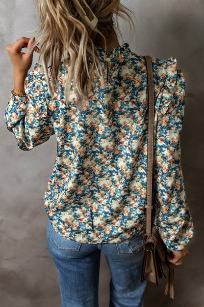 Frill Printed Mock Neck Long Sleeve Blouse.