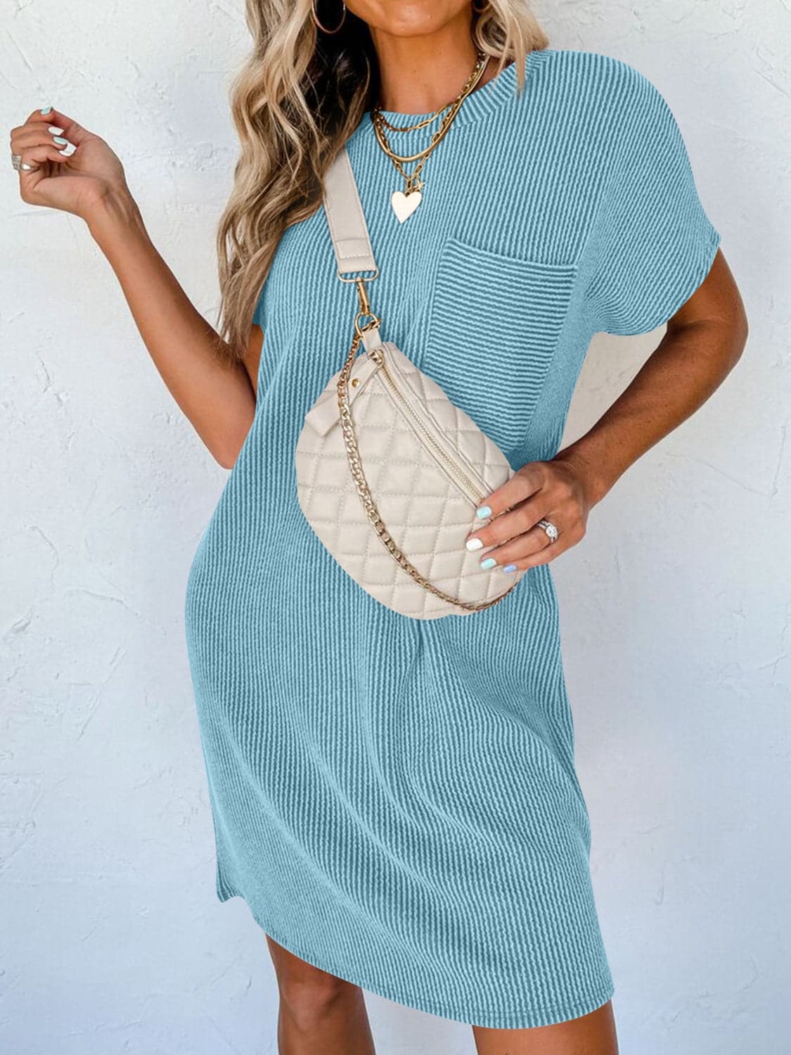 Round Neck Short Sleeve Mini Dress.