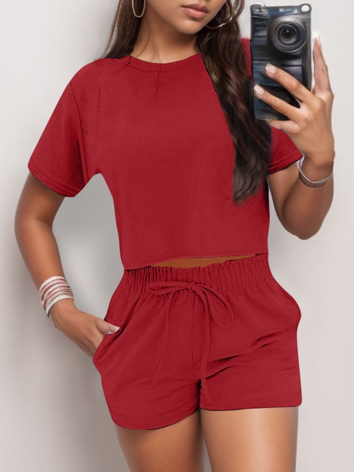 Full Size Round Neck Short Sleeve Top and Shorts Set.