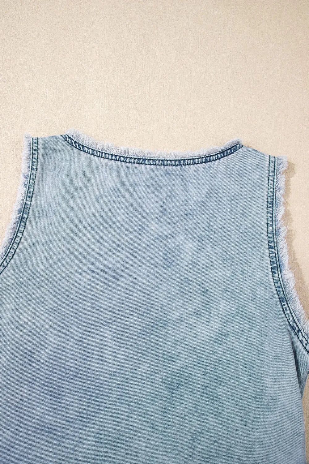 Mineral Wash Denim Frayed U Neck Sleeveless Top