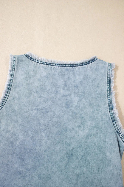 Mineral Wash Denim Frayed U Neck Sleeveless Top