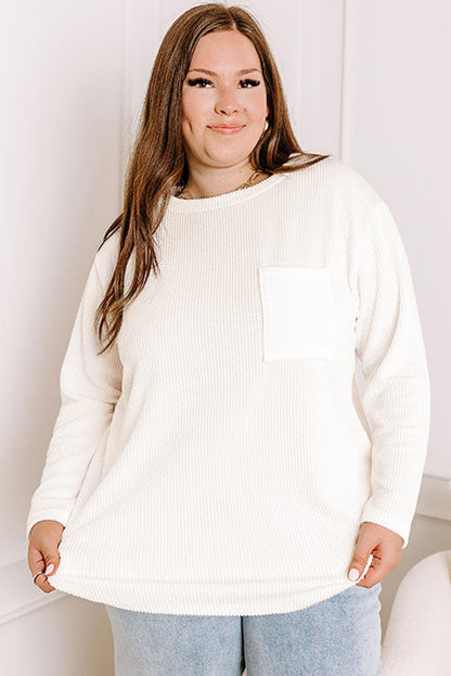 Chic white ribbed long sleeve plus size t-shirt with pocket detail