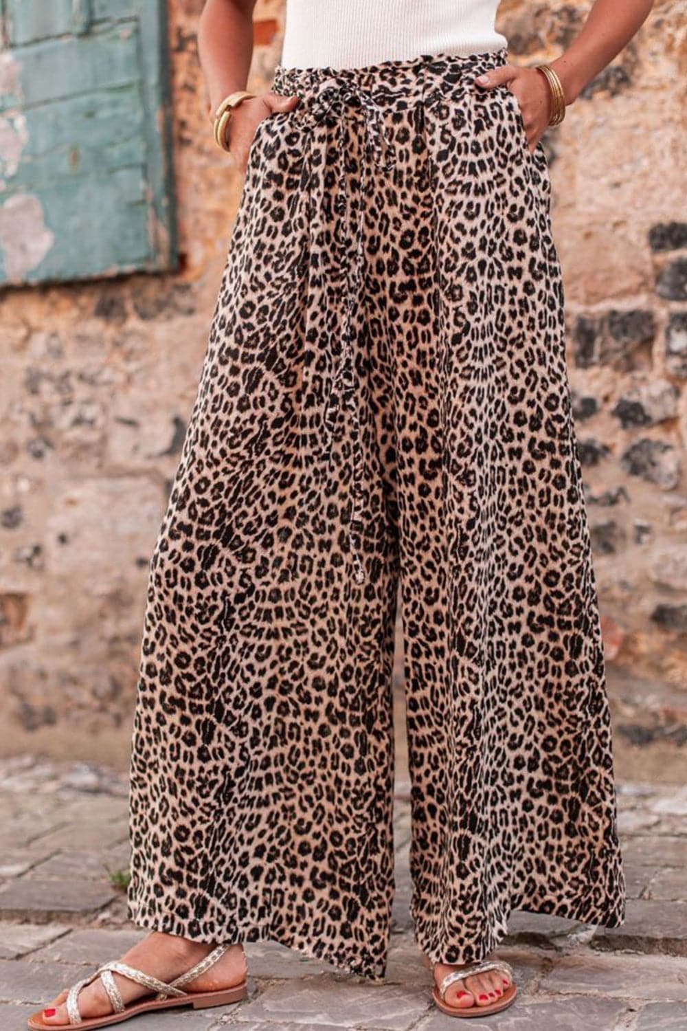 Leopard Drawstring Wide Leg Pants.