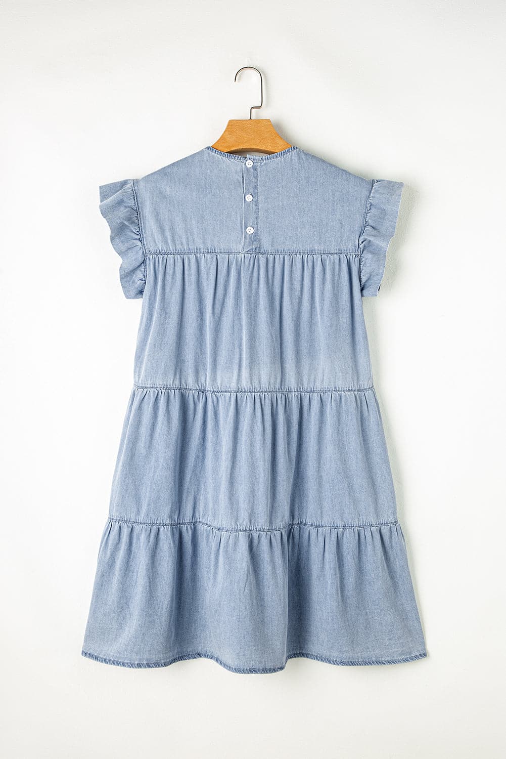 Ruffled Round Neck Cap Sleeve Denim Dress.