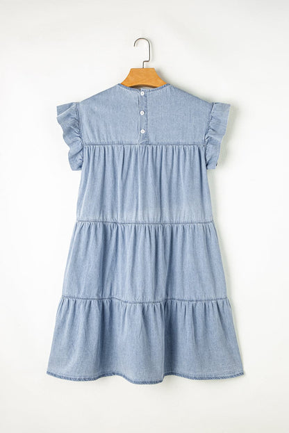 Ruffled Round Neck Cap Sleeve Denim Dress.