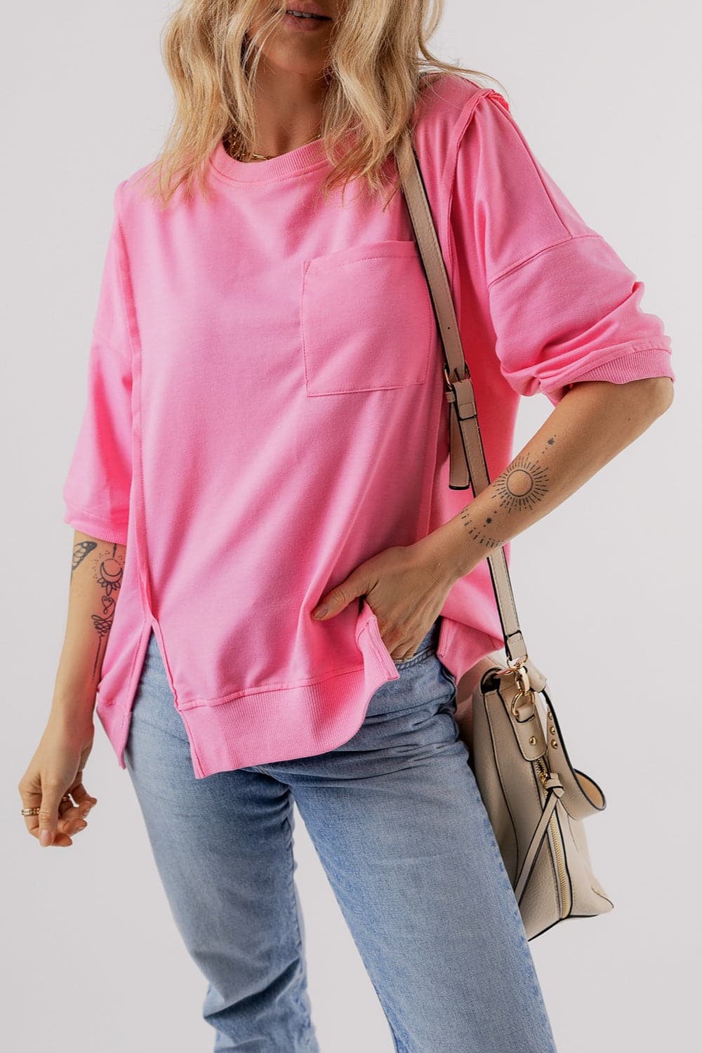 Round Neck Half Sleeve Slit T-Shirt.