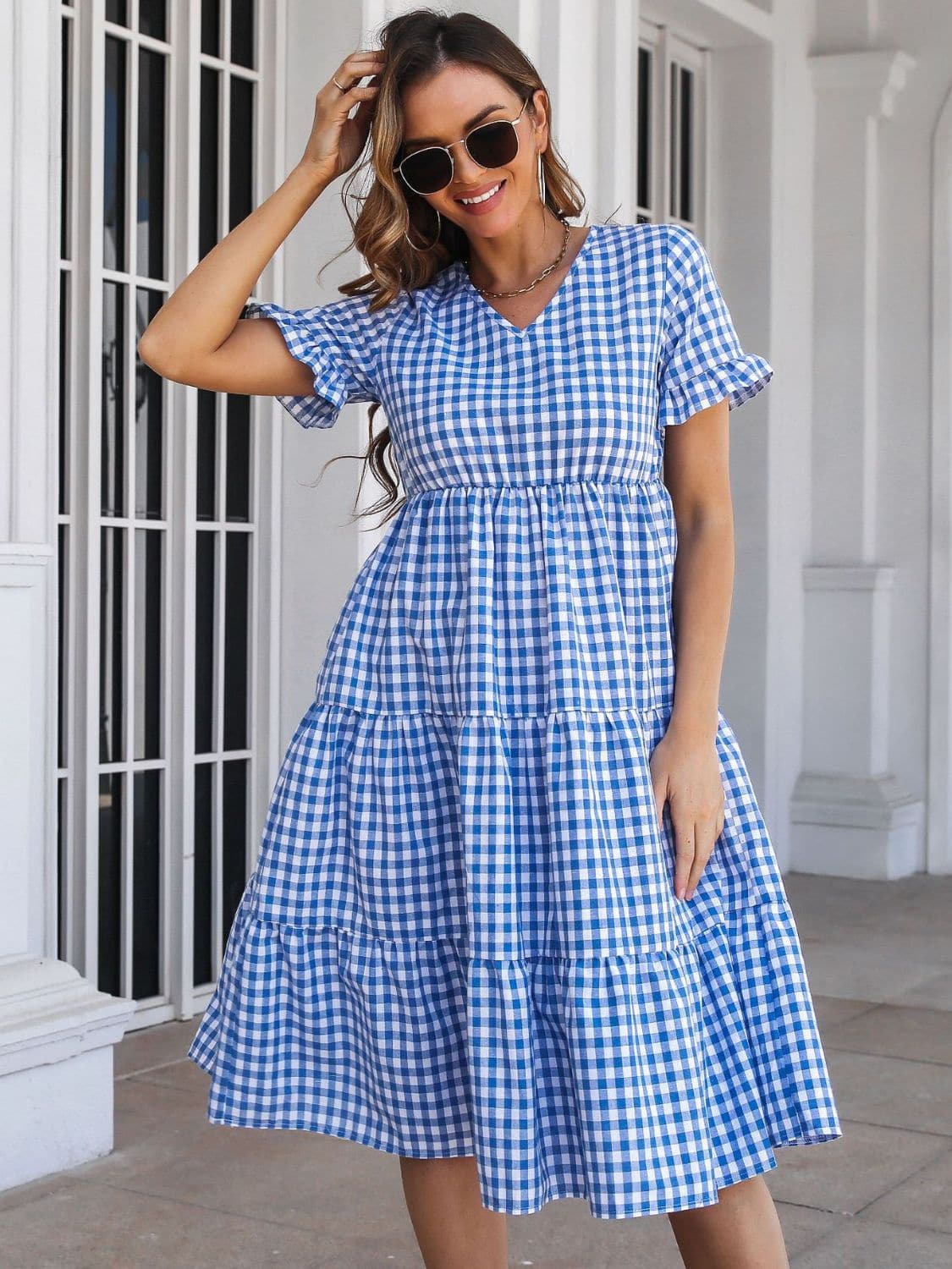 Plaid V-Neck Short Sleeve Midi Dress.