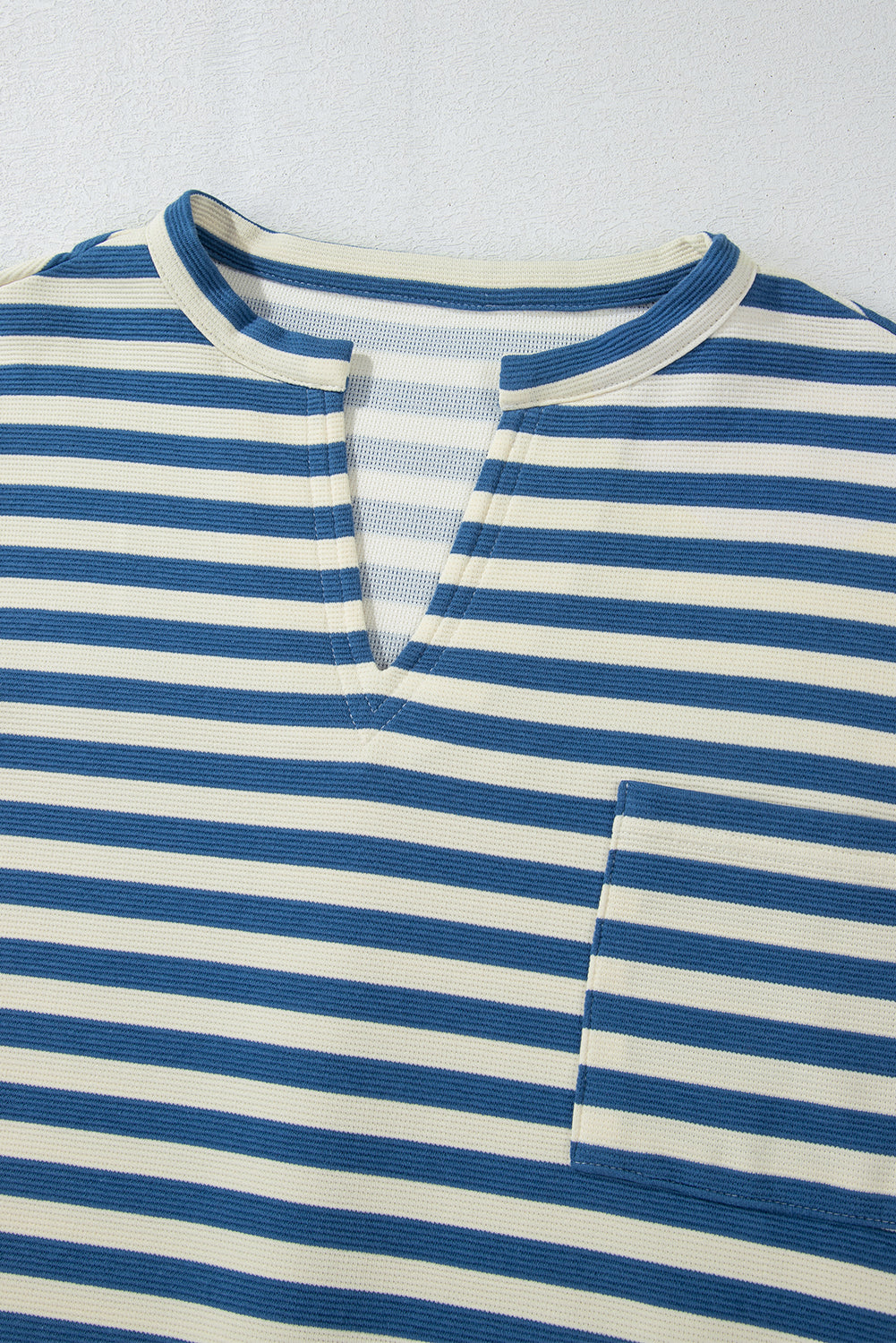 Sky Blue Striped V-Neck Top with Pocket and Buttoned Back