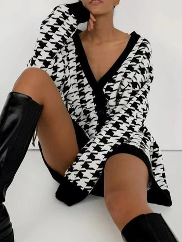 Houndstooth Button Up Long Sleeve Cardigan.