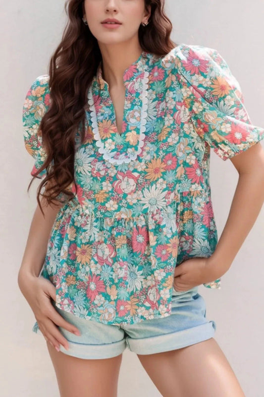 Multicolour Notched Neck Puff Short Sleeve Floral Blouse Simply Love