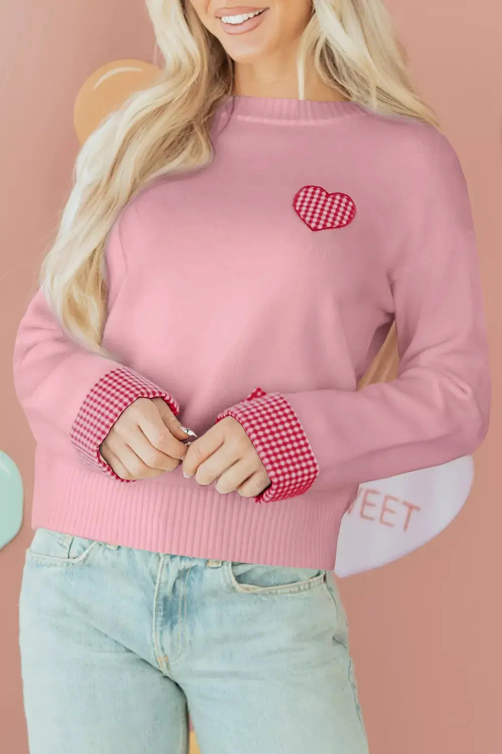 Plaid Heart Embroidered Cuffed Drop Shoulder Crew Neck Sweater Simply Love
