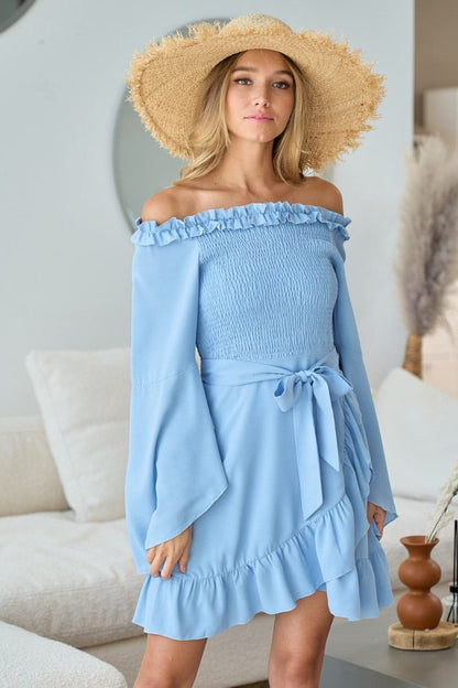 BiBi Smocked Ruffled Front Tie Mini Dress.