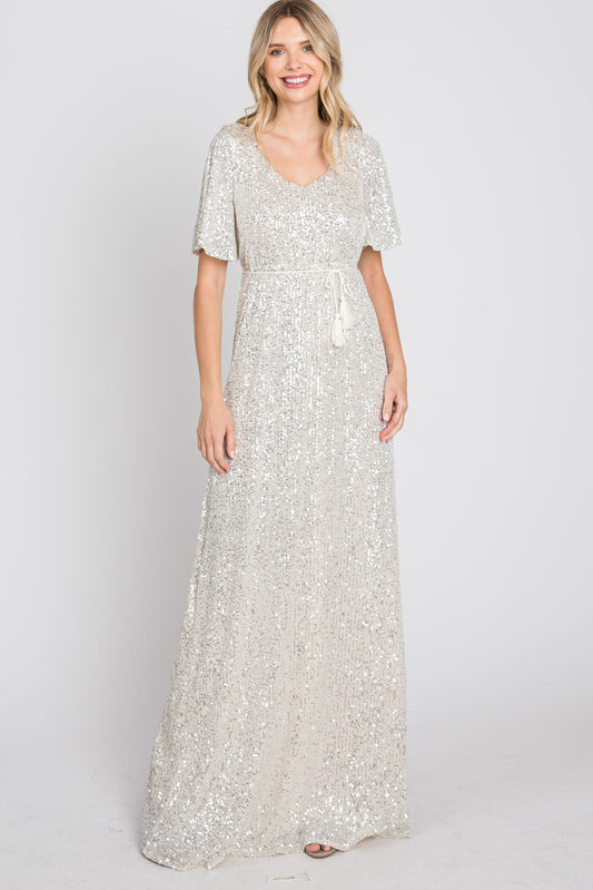 Cream Sequin Short Sleeve Maxi Dress PinkBlush