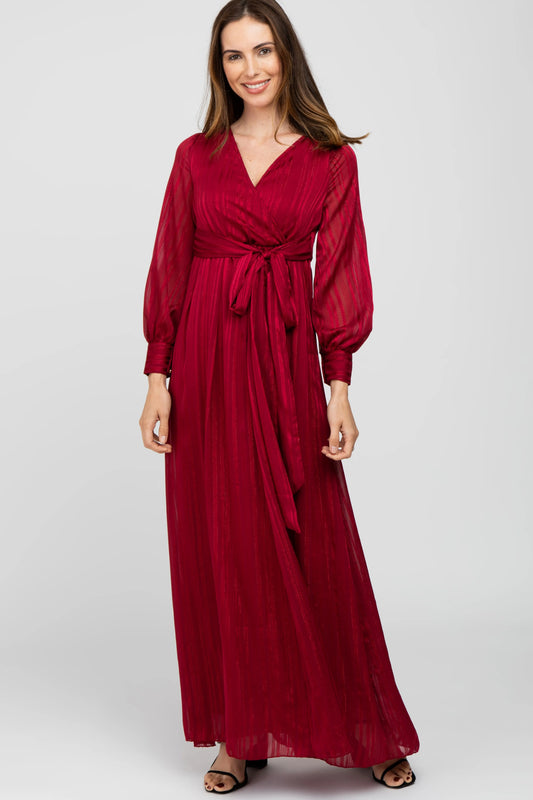 Burgundy Metallic Striped Chiffon Maxi Dress PinkBlush