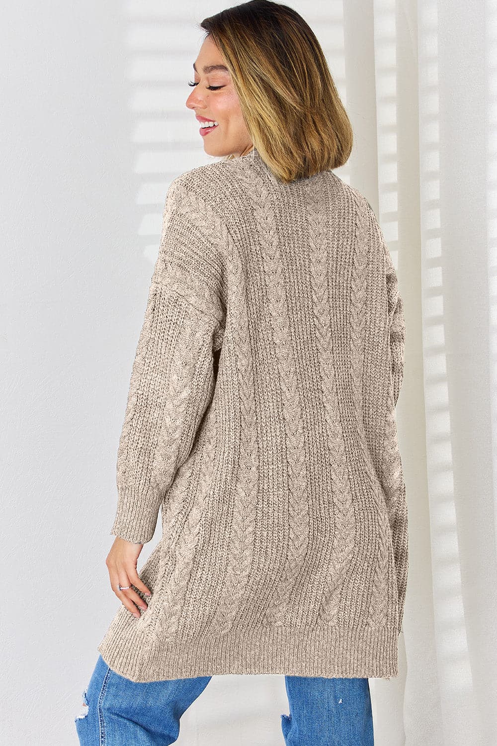 Cable-Knit Open Front Dropped Shoulder Cardigan.