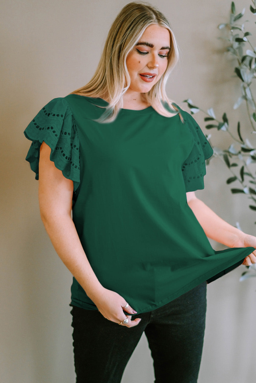 Elegant green plus size flutter sleeve blouse