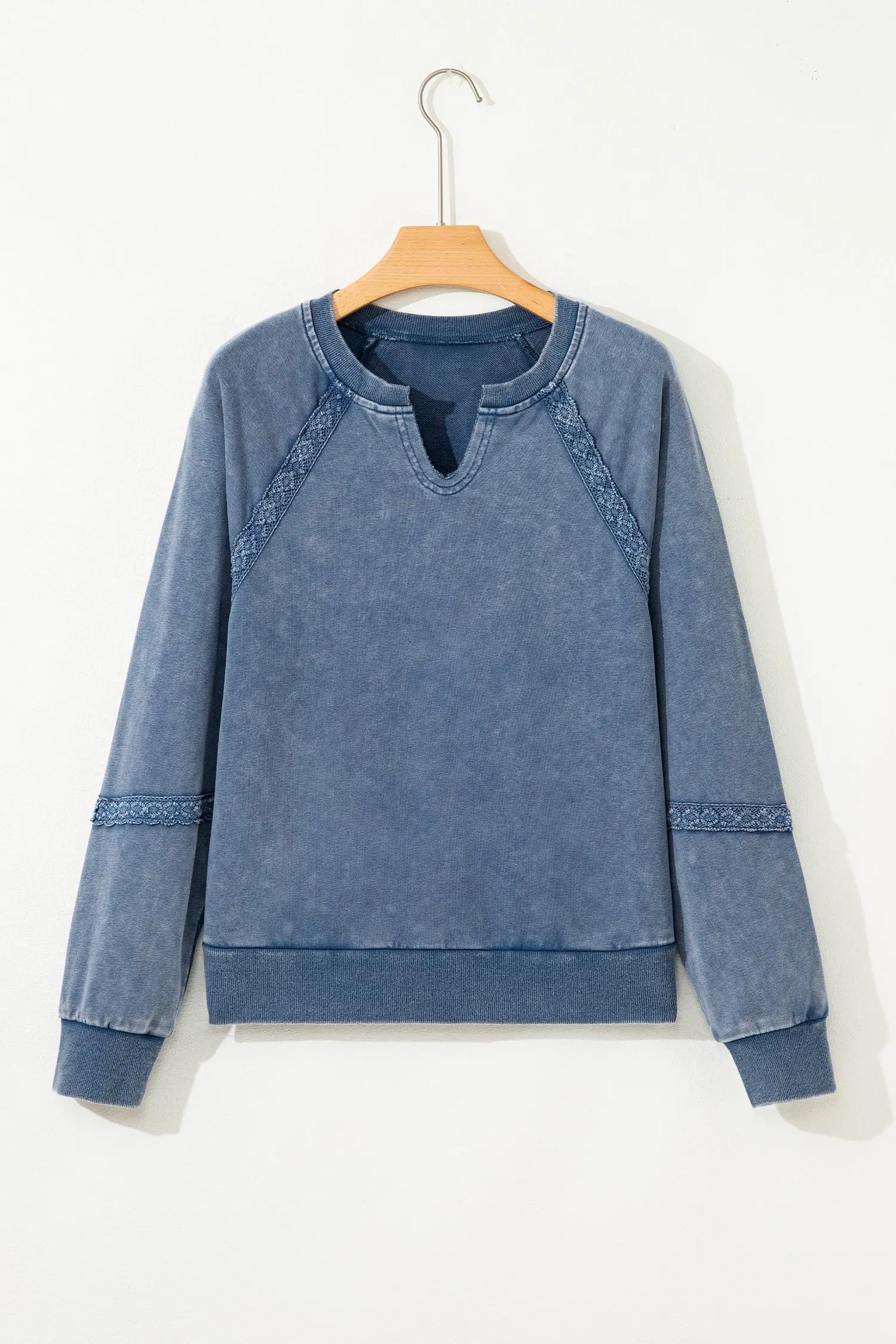 Sail Blue Lace Patchwork Notched Neck Mineral Wash Baggy Sweatshirt Dear-Lover Dropshipping