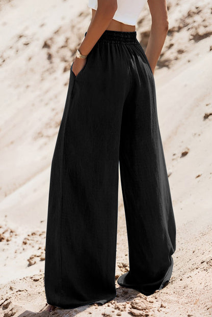 Chic black drawstring wide leg denim trousers with high waist design