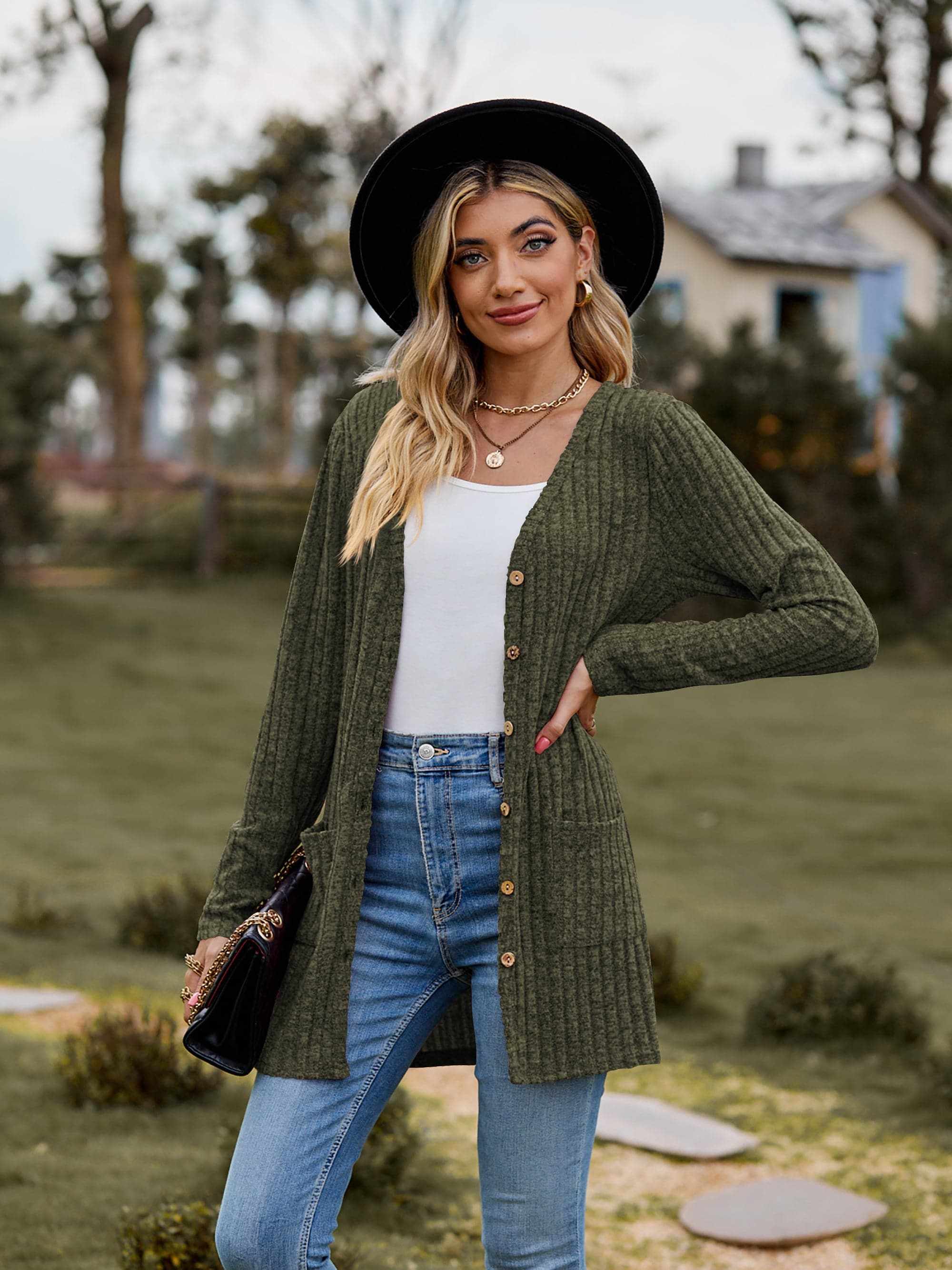 Heathered ribbed cardigan with pockets - Love Salve 