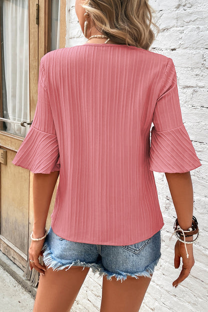 Peach Blossom ruffled V neck top with half sleeves