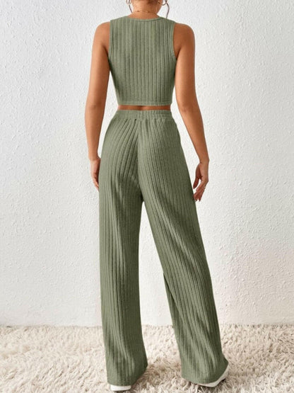 Ribbed Round Neck Tank and Pants Sweater Set.